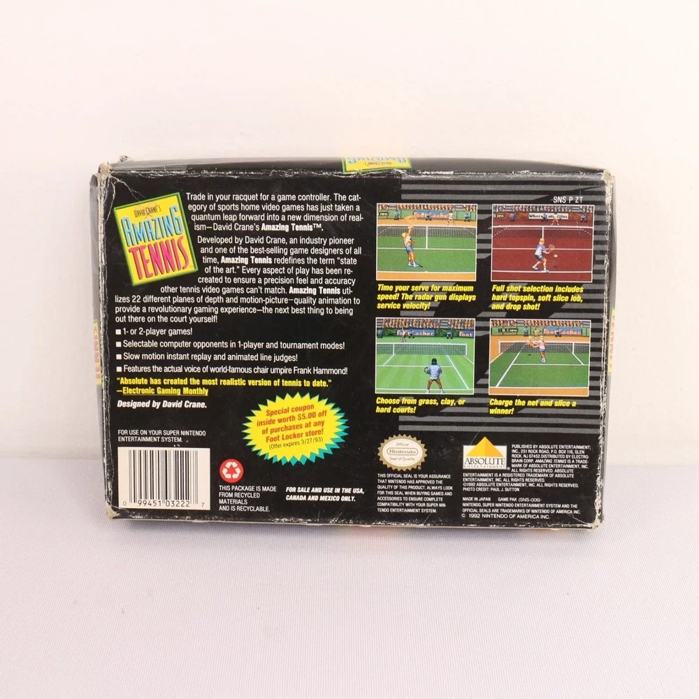 David Crane's Amazing Tennis Game Cartridge Open Box Super Nintendo SNES SNS-006